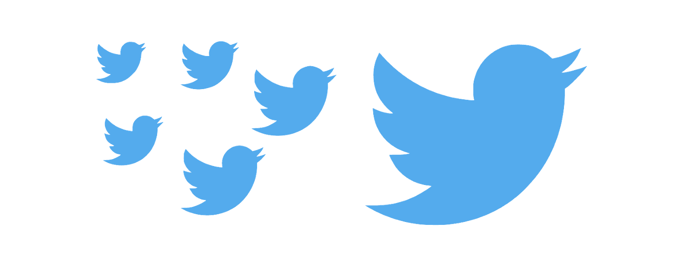 Five smaller Twitter birds following a bigger Twitter bird