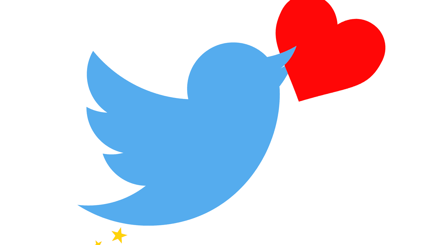 Twitter bird holding a red heart between its beak