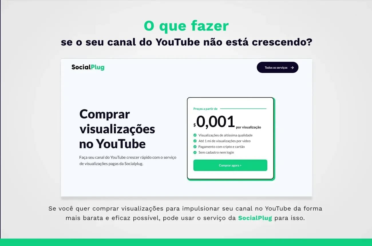 Captura da página da SocialPlug para comprar visualizações no YouTube, sob o título O que fazer se o seu canal do YouTube não está crescendo