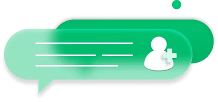 Green chat bubbles with white user icon and plus sign indicating adding a contact or new message.