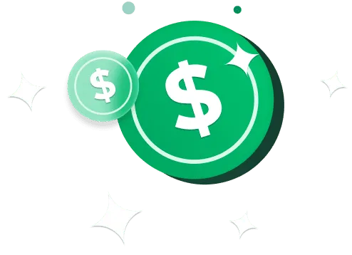 Two green coins with white dollar signs surrounded by sparkles.