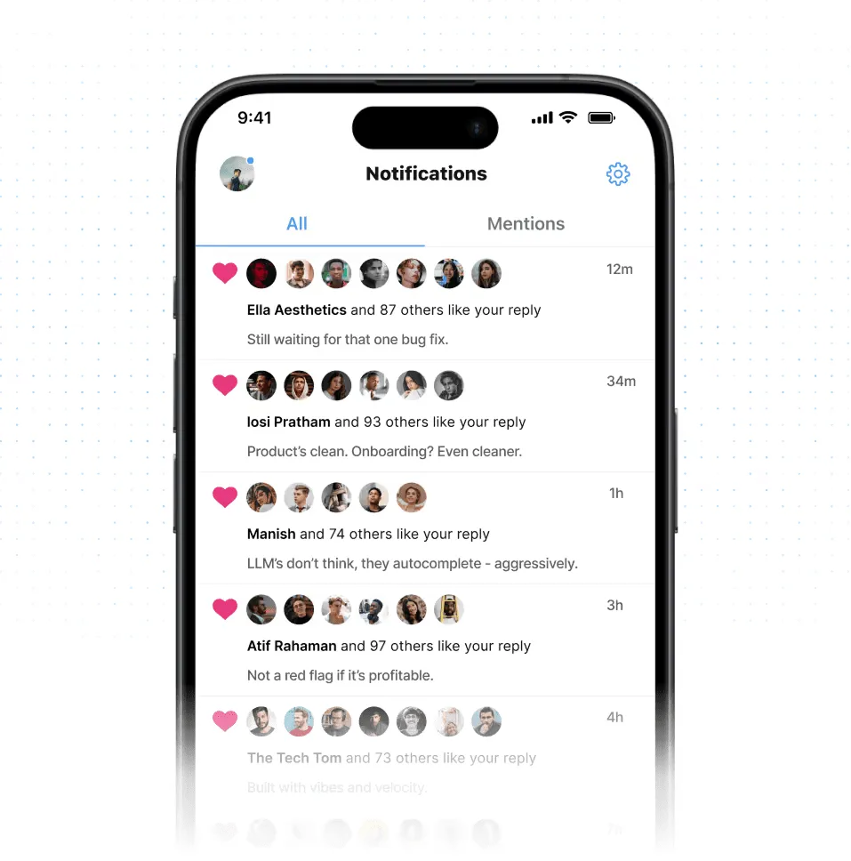 Pantalla de smartphone con notificaciones de me gusta y respuestas de usuarios como Ella Aesthetics, Iosi Pratham, Manish, Atif Rahaman y The Tech Tom, con marcas de tiempo de hace 12 minutos a hace 4 horas.