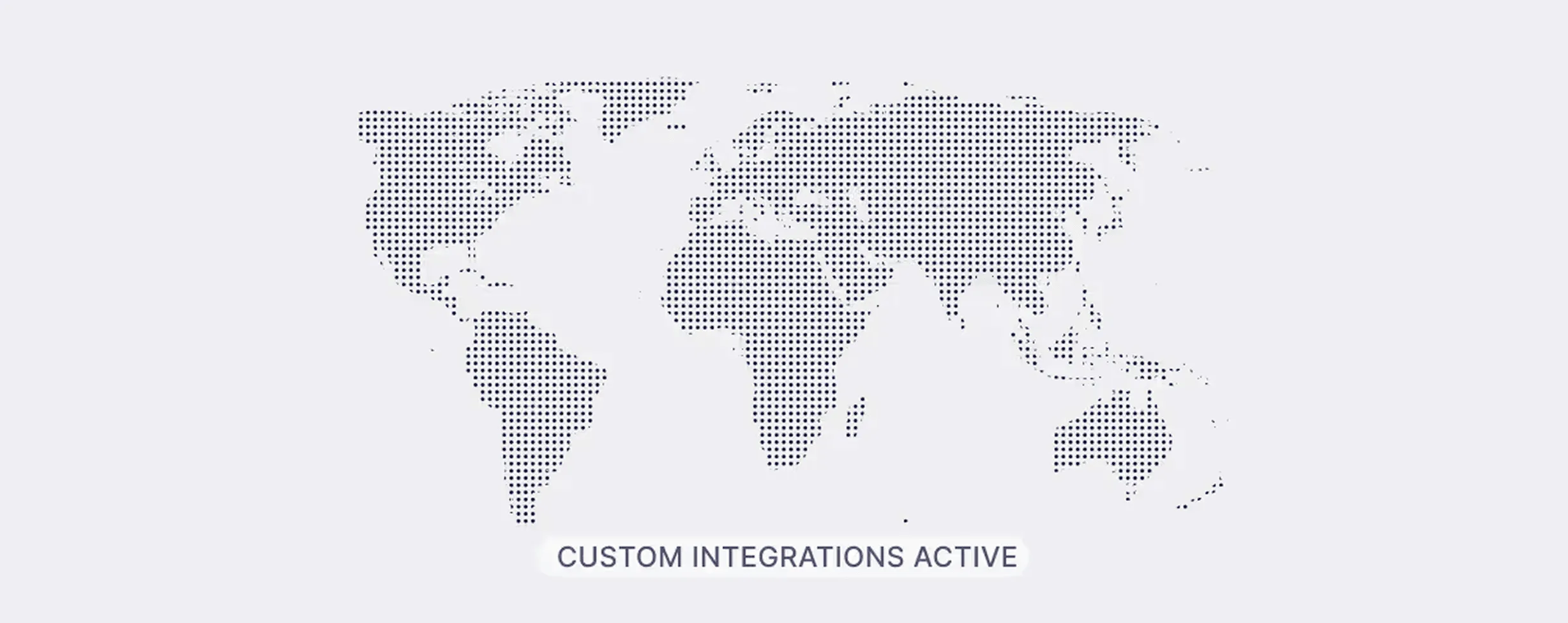 Dotted world map graphic with the text 'CUSTOM INTEGRATIONS ACTIVE' below it.