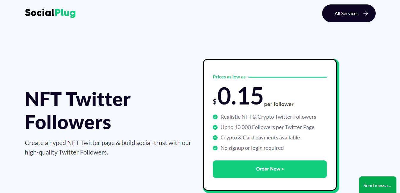 Screenshot of SocialPlug's NFT Twitter Followers service introduction page