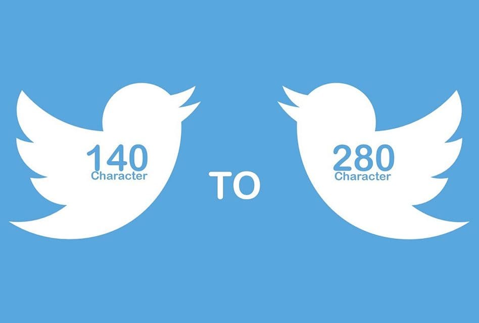 Twitter going from 140 characters per tweet limit to 280 characters per tweet, represented by two Twitter birds