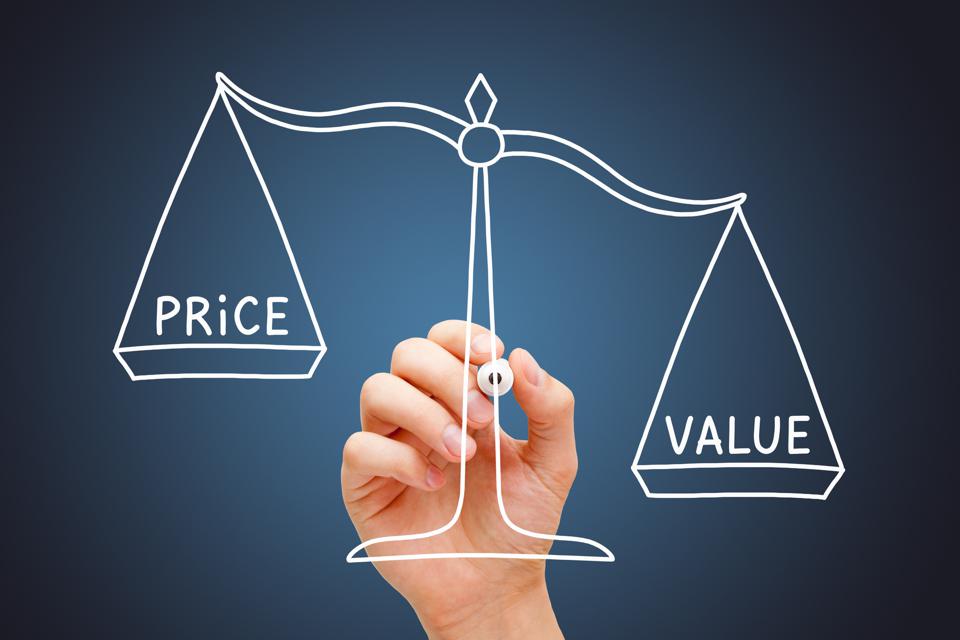 Image of scales, where the more weighing value on one scale tips up price on the other scale.