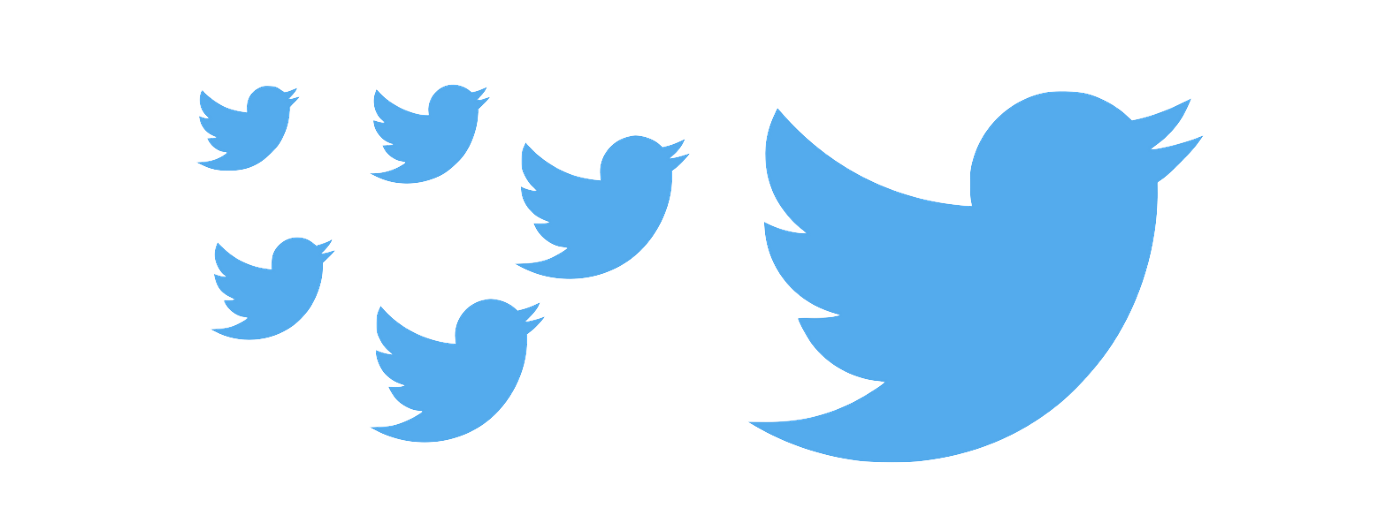 Five smaller Twitter birds following a bigger Twitter bird