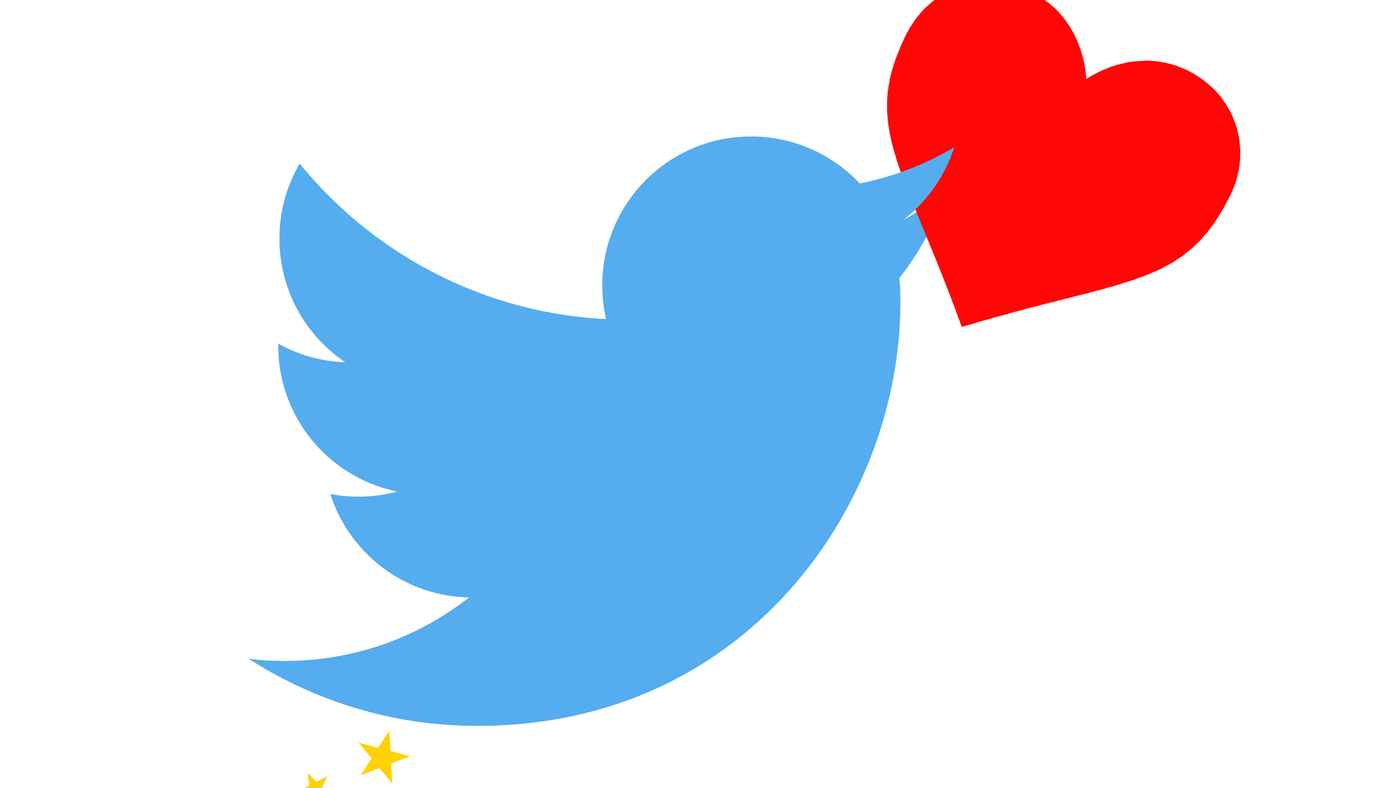 Twitter bird holding a red heart between its beak