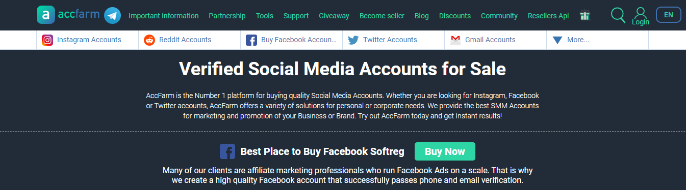 Screenshot of Accfarm homepage