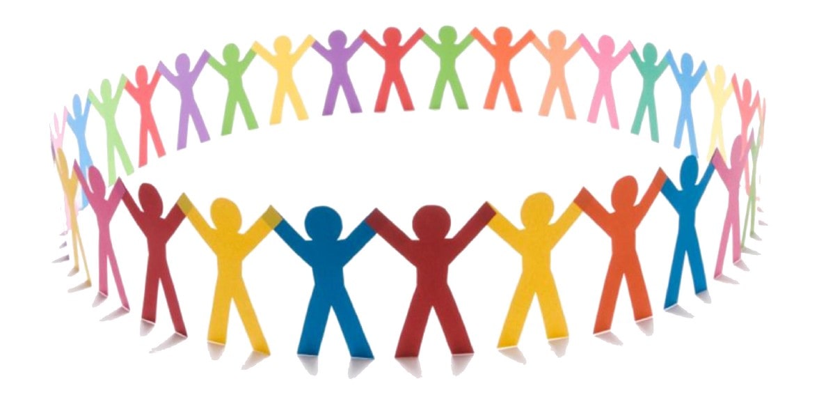 Community of colorful stick figures standing in a circle