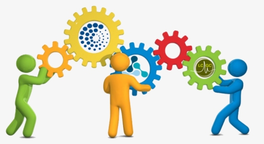Colorful stick figures connecting gears with teamwork