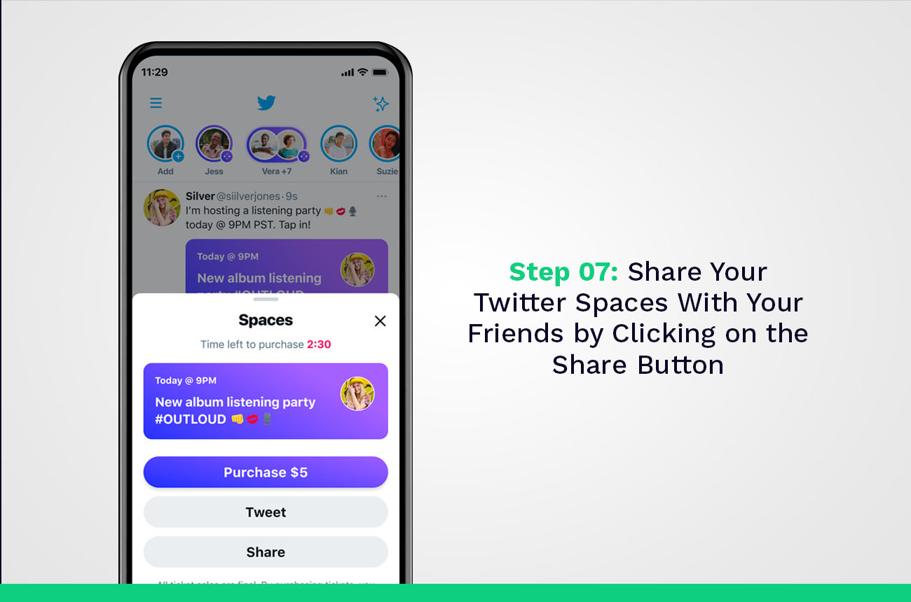 Etapa 07: Compartilhe seus espaços do Twitter com seus amigos clicando no botão Compartilhar