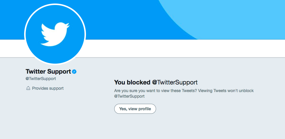 Twitter Support’s Twitter profile displaying the message “You blocked @TwitterSupport”