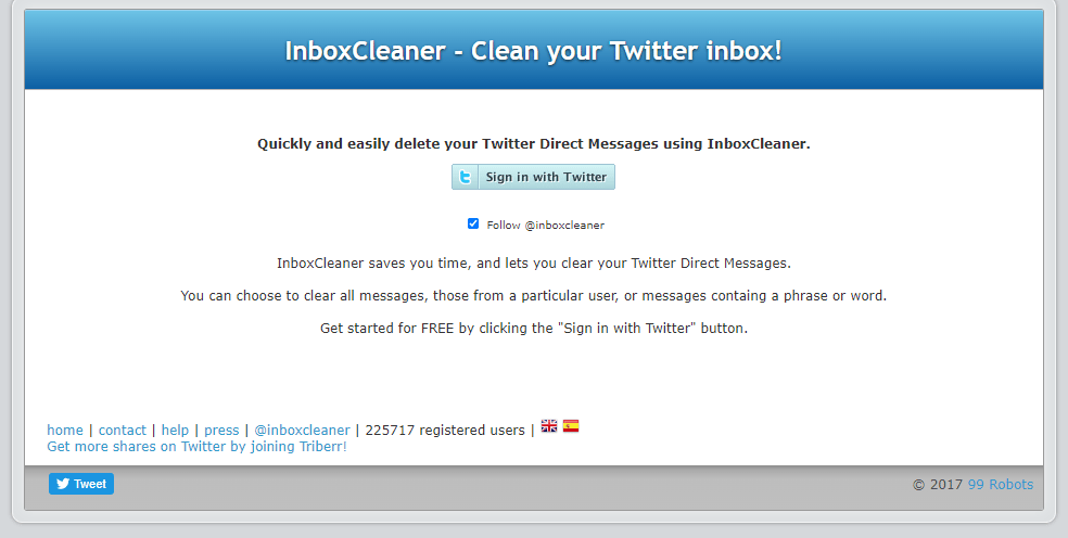 Screenshot of Twitter Direct Message deleting tool InboxCleaner