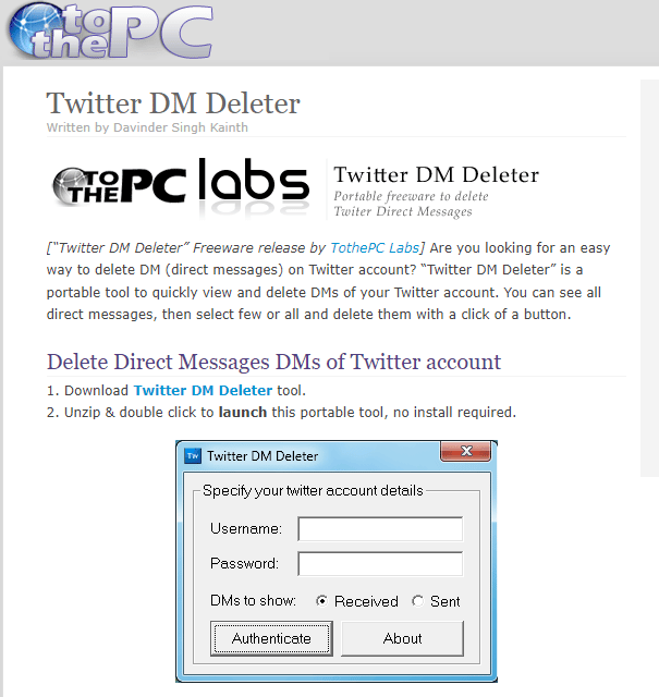 Screenshot of To the PC Labs Twitter DM Deleter tool webpage