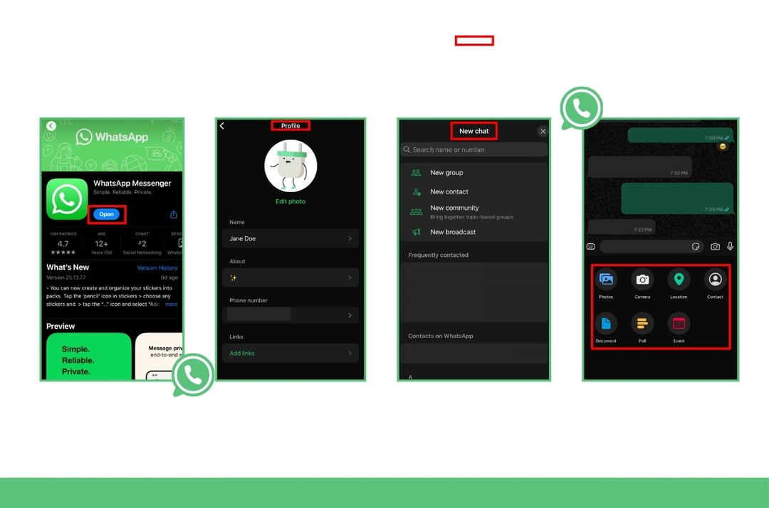 screenshots of the whatsapp interface to show how to use it