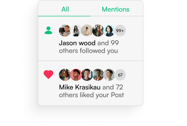 Notification panel showing Jason Wood and 99 others followed you, and Mike Krasikau and 72 others liked your post, with profile pictures and icons for followers and likes.