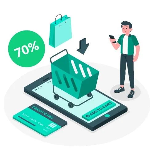 Illustration of a man using a smartphone for online shopping with a shopping cart, credit card, shopping bag, and 70% discount symbol.