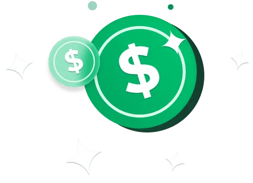 Two green coins with white dollar signs surrounded by sparkles.