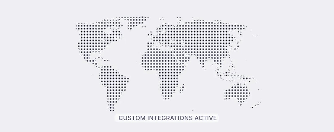 Dotted world map graphic with the text 'CUSTOM INTEGRATIONS ACTIVE' below it.