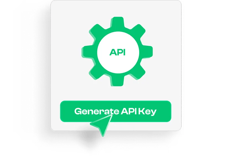 Green gear icon labeled API with a green button below that says Generate API Key and a green cursor pointing at it.