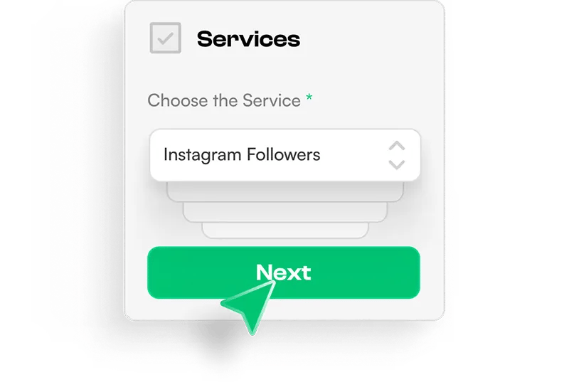 Dropdown menu under Services with Instagram Followers selected and a green Next button with a cursor pointing at it.