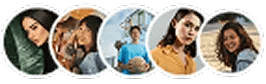 Five circular profile photos of diverse women with different hairstyles and expressions.