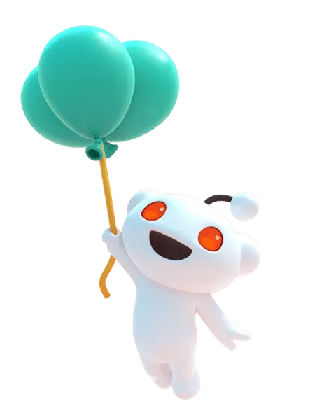The Reddit mascot holding three teal balloons and smiling joyfully.