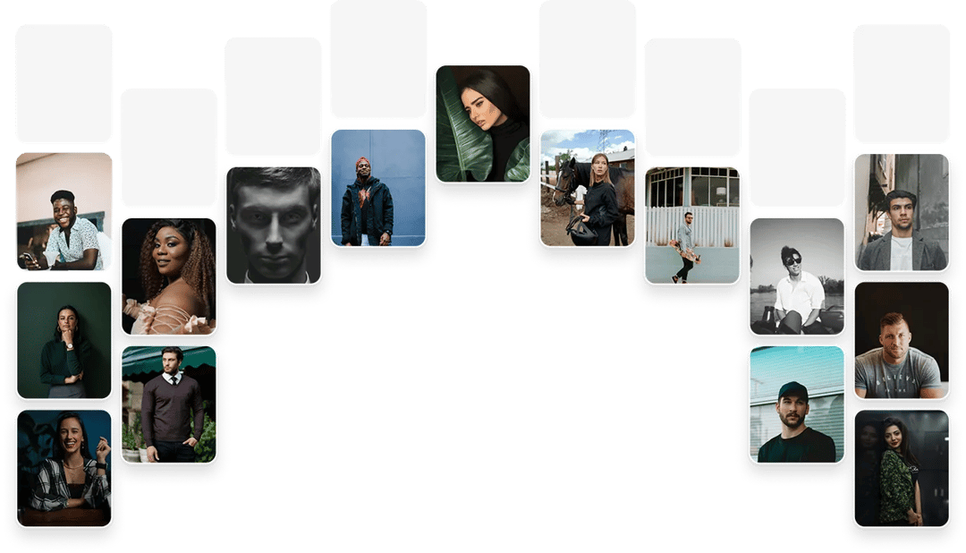 Collage of diverse young adults in various settings, arranged in an arch with smiling and neutral expressions.