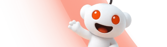 Reddit alien mascot with orange eyes and antenna waving on an orange gradient background.
