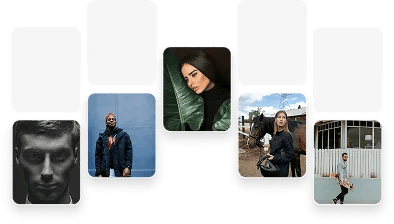 Collage of five diverse portraits featuring two men, two women, and one person in a lively pose outdoors.