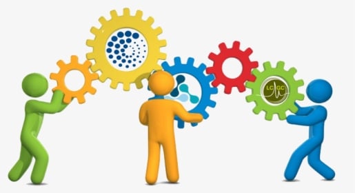 Colorful stick figures connecting gears with teamwork