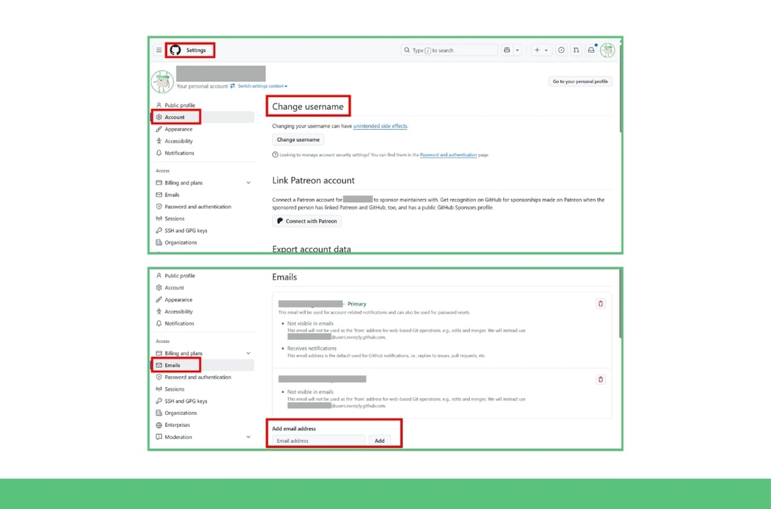 Gib die E-Mail-Adresse und den Benutzernamen für GitHub ein