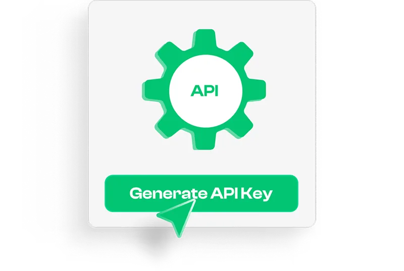 Green gear icon labeled API with a green button below that says Generate API Key and a green cursor pointing at it.