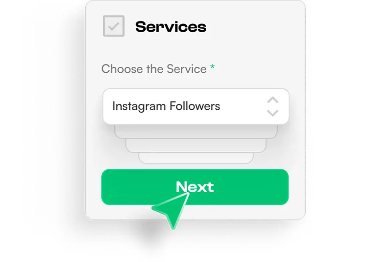 Dropdown menu under Services with Instagram Followers selected and a green Next button with a cursor pointing at it.