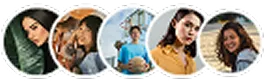 Five circular profile photos of diverse women with different hairstyles and expressions.