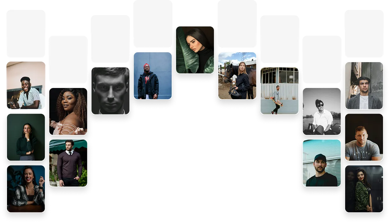 Collage of five diverse portraits featuring two men, two women, and one person in a lively pose outdoors.