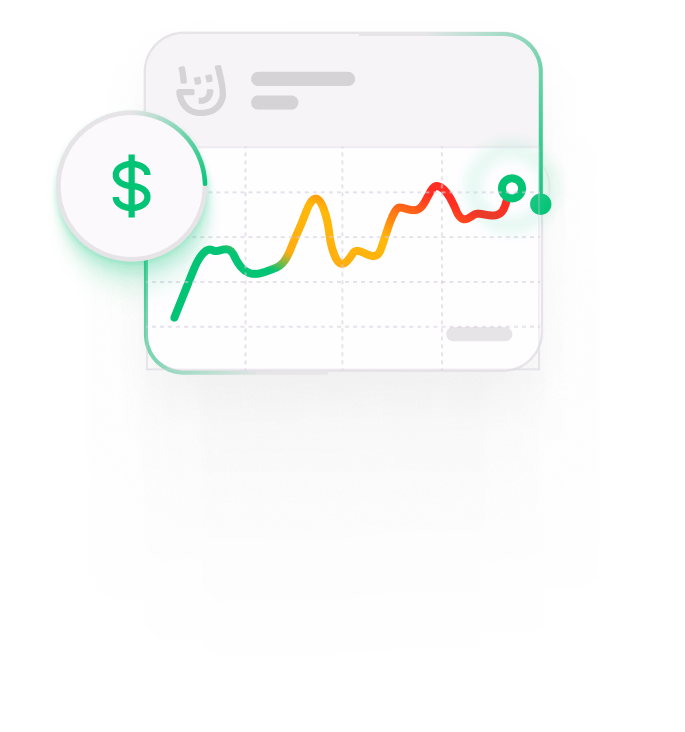 Colorful line graph with green, yellow, and red segments indicating financial data trends inside a card with a dollar sign icon.