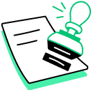Green outline illustration of a laptop with a stamp pressing on the screen.