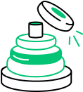 Three-tiered green cake with a lit candle on top and a hand holding a match lighting it.