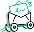 Simple black and green line drawing of a laptop with a screen showing code symbols and curly braces.