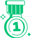 Green medal with the number one and a small star symbol nearby.