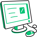 Green line-art style icon of a desktop computer with a mouse and screen showing three horizontal lines and a rectangular shape.