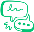 Two green speech bubbles, one with a handwritten style squiggle and the other with three dots.