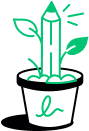 Green line art of a pencil with leaves growing from its sides and base, symbolizing eco-friendly or sustainable creativity.