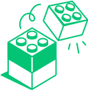 Green line art illustration of two connected 3D cubes, each with smaller cut-out cubes on top.