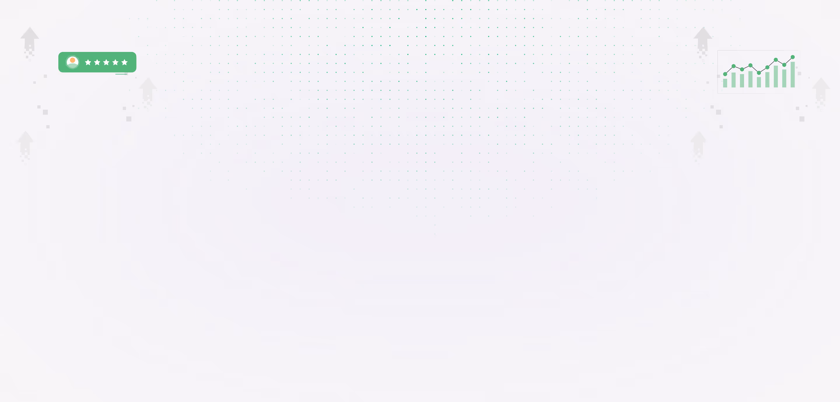Abstract digital background with upward arrows, a five-star rating icon, and a green bar and line chart indicating growth.