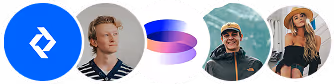 Five circular profile pictures showing a blue abstract logo, a young man with a striped shirt, a colorful abstract shape, a man wearing sunglasses and a cap, and a woman in a hat and sunglasses.