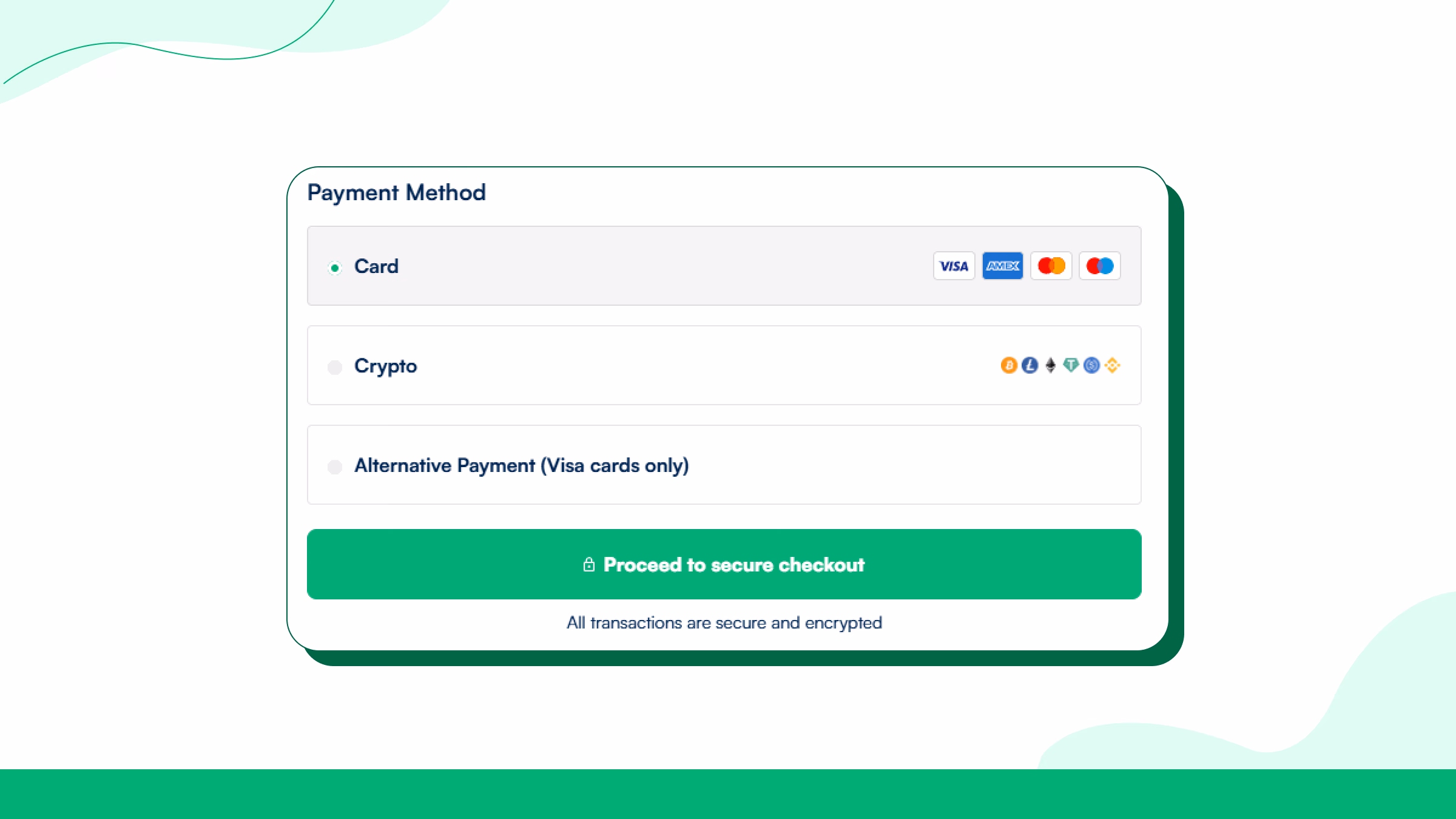 Pay for the order. Use a card or cryptocurrency